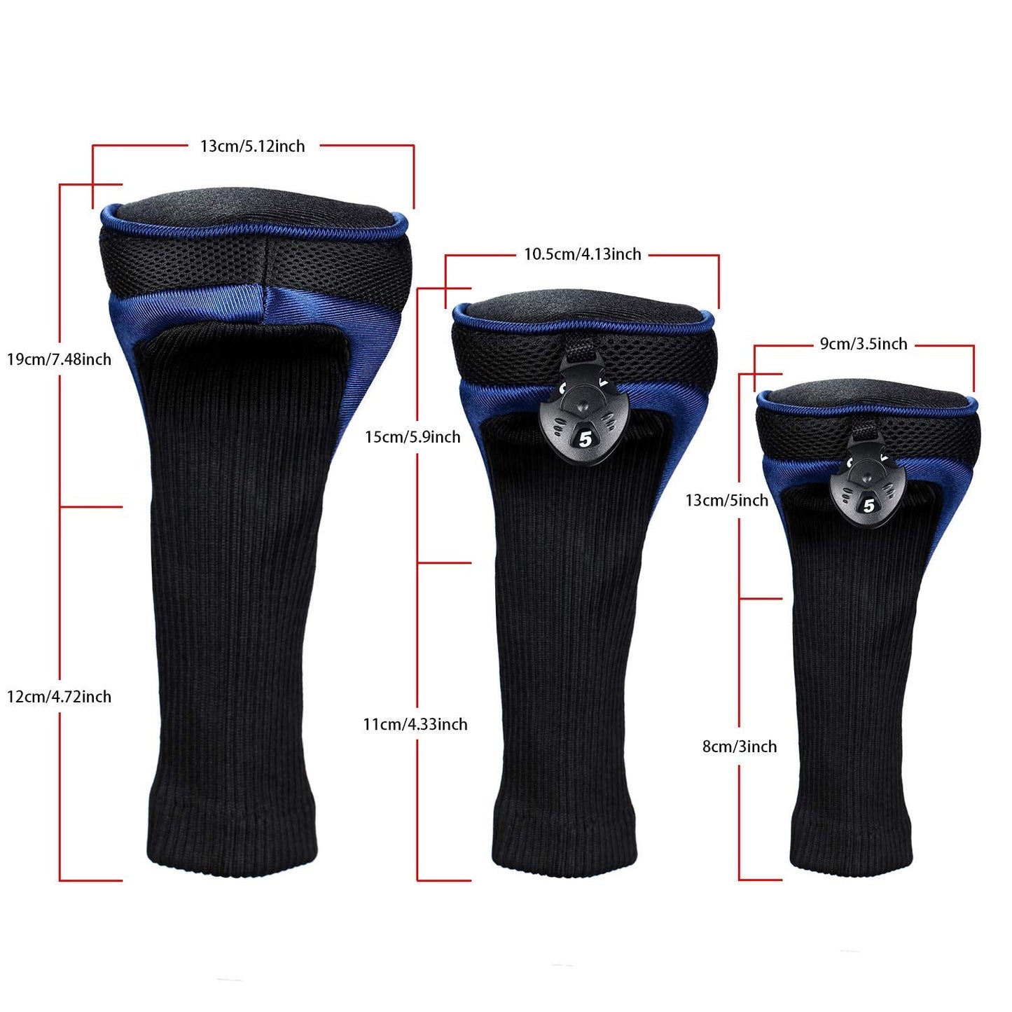 Black Golf Club Head Cover for Driver Fairway 3 Pcs Woods Headcovers - Black - Blue - 