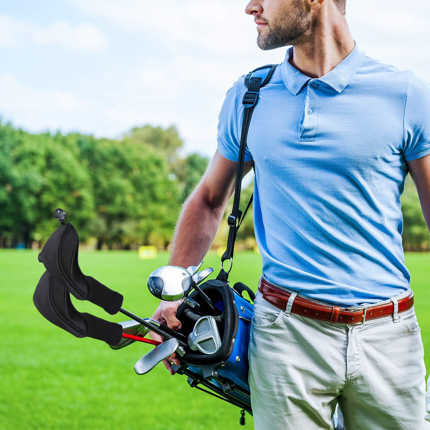 Black Golf Club Head Cover for Driver Fairway 3 Pcs Woods Headcovers - Black - Blue - 