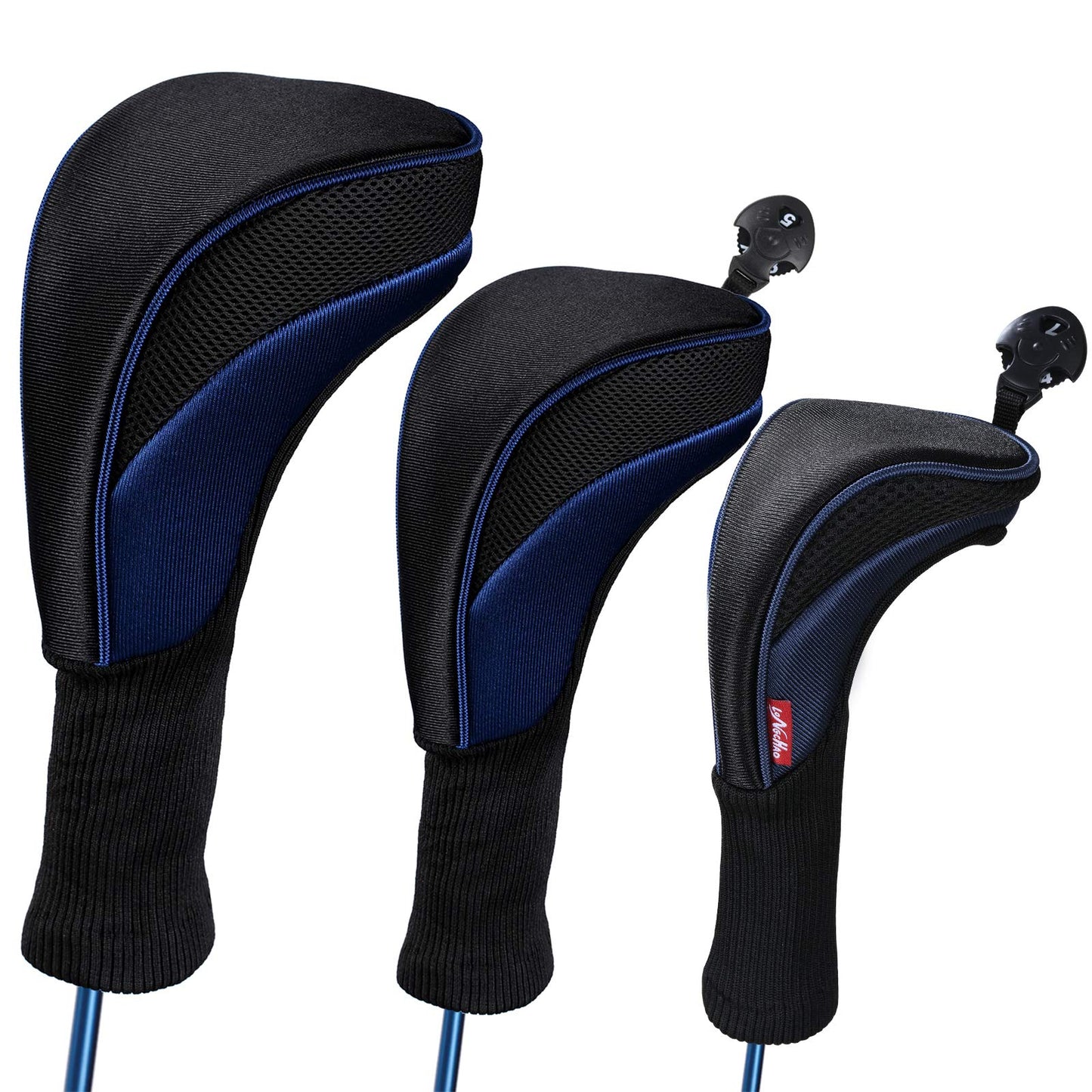 Black Golf Club Head Cover for Driver Fairway 3 Pcs Woods Headcovers - Black/Blue - 