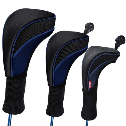 Black Golf Club Head Cover for Driver Fairway 3 Pcs Woods Headcovers - Black/Blue - 
