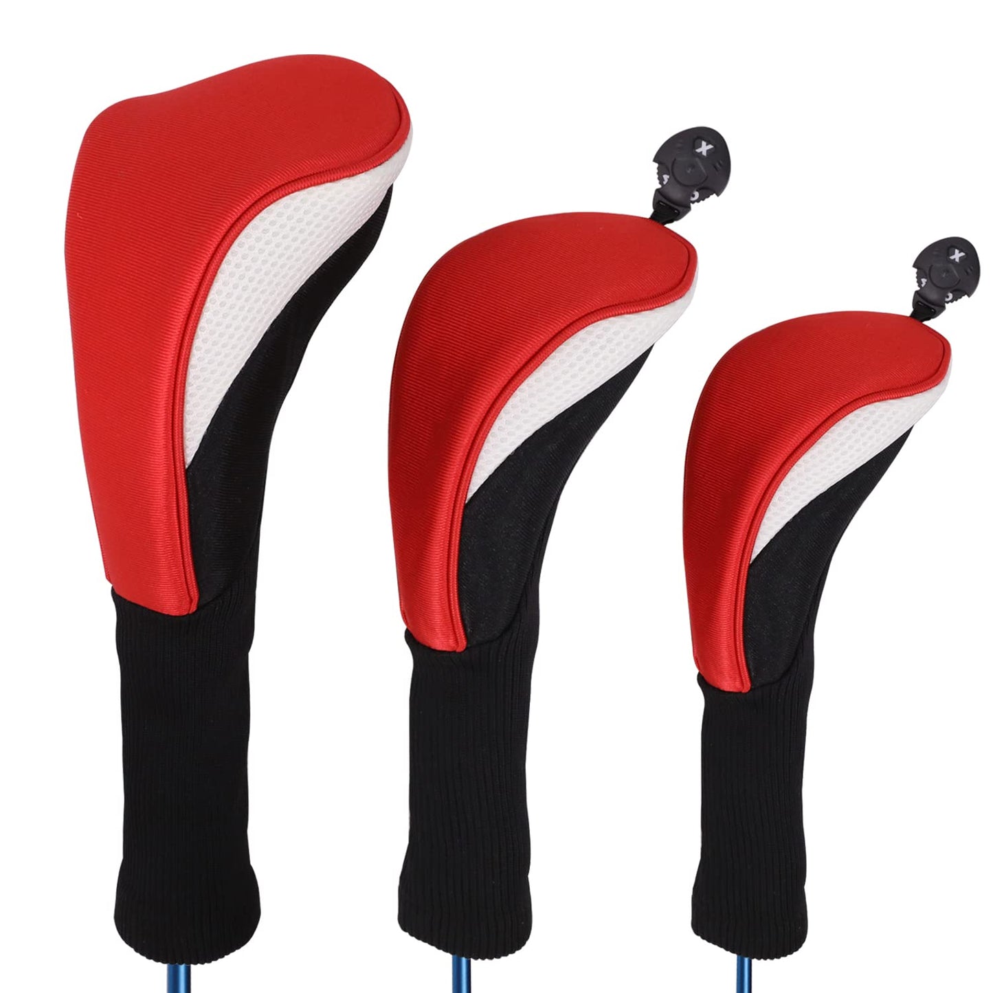 Black Golf Club Head Cover for Driver Fairway 3 Pcs Woods Headcovers - Red White - 