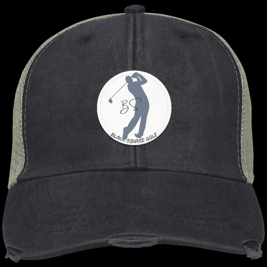 Black Square Golf Distressed Vintage Golfer Patch Golf Hat - Black - Small Circle