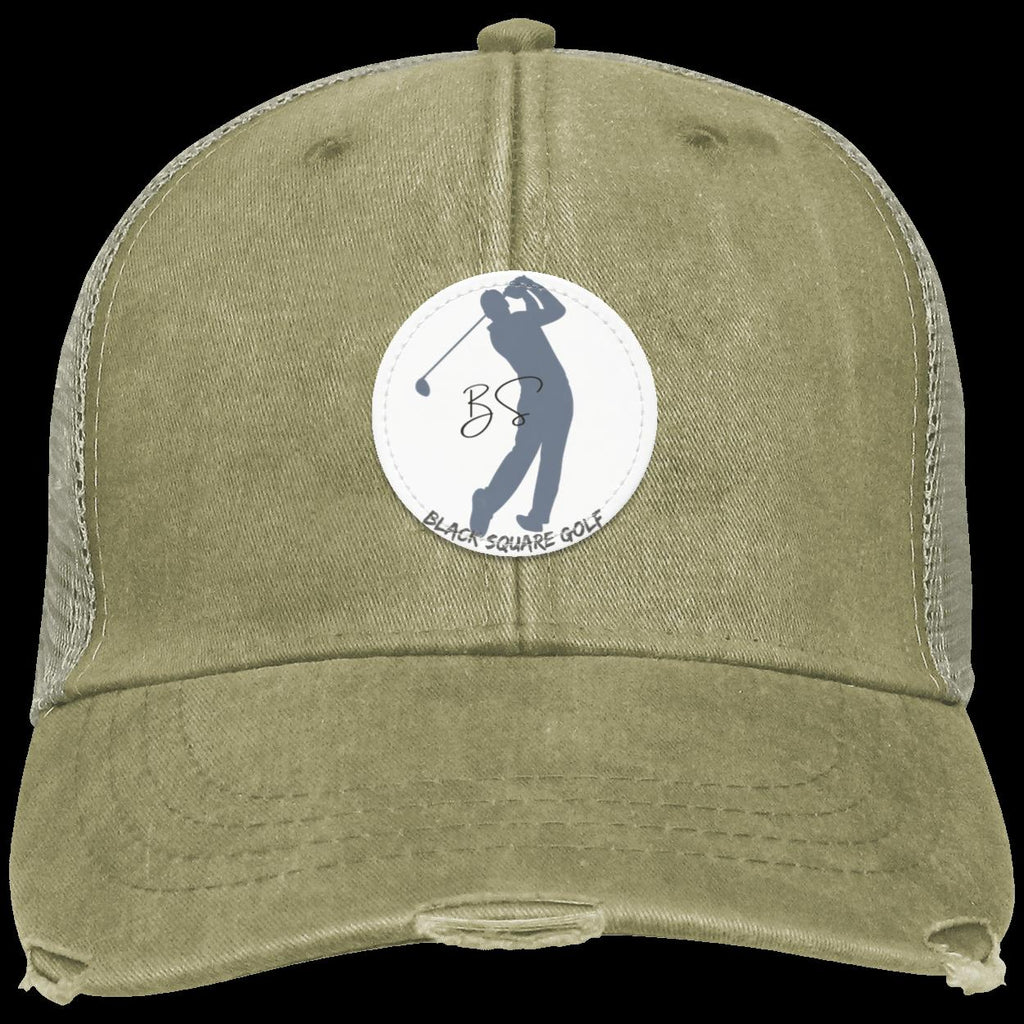 Black Square Golf Distressed Vintage Golfer Patch Golf Hat - Khaki - Small Circle