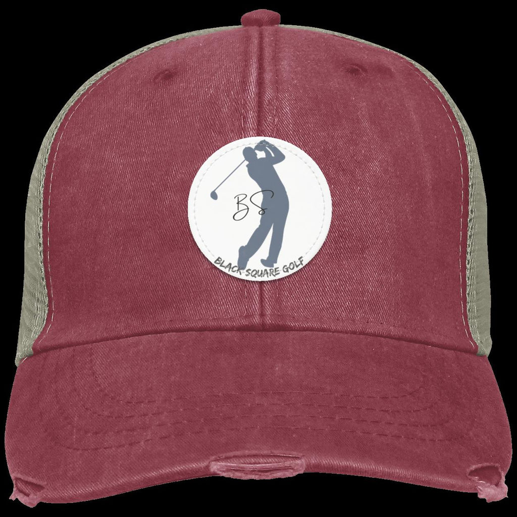 Black Square Golf Distressed Vintage Golfer Patch Golf Hat - Nautical Red - Small Circle
