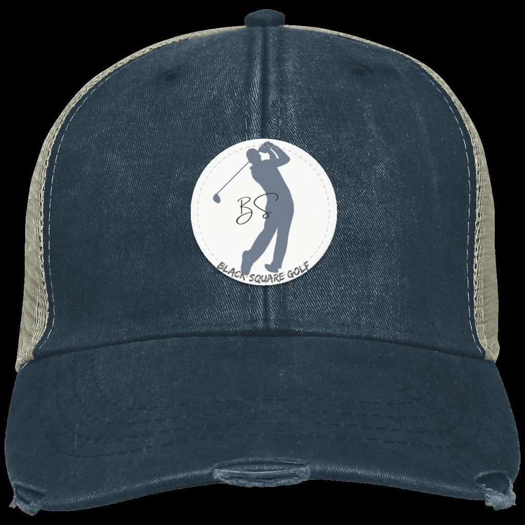 Black Square Golf Distressed Vintage Golfer Patch Golf Hat - Navy - Small Circle