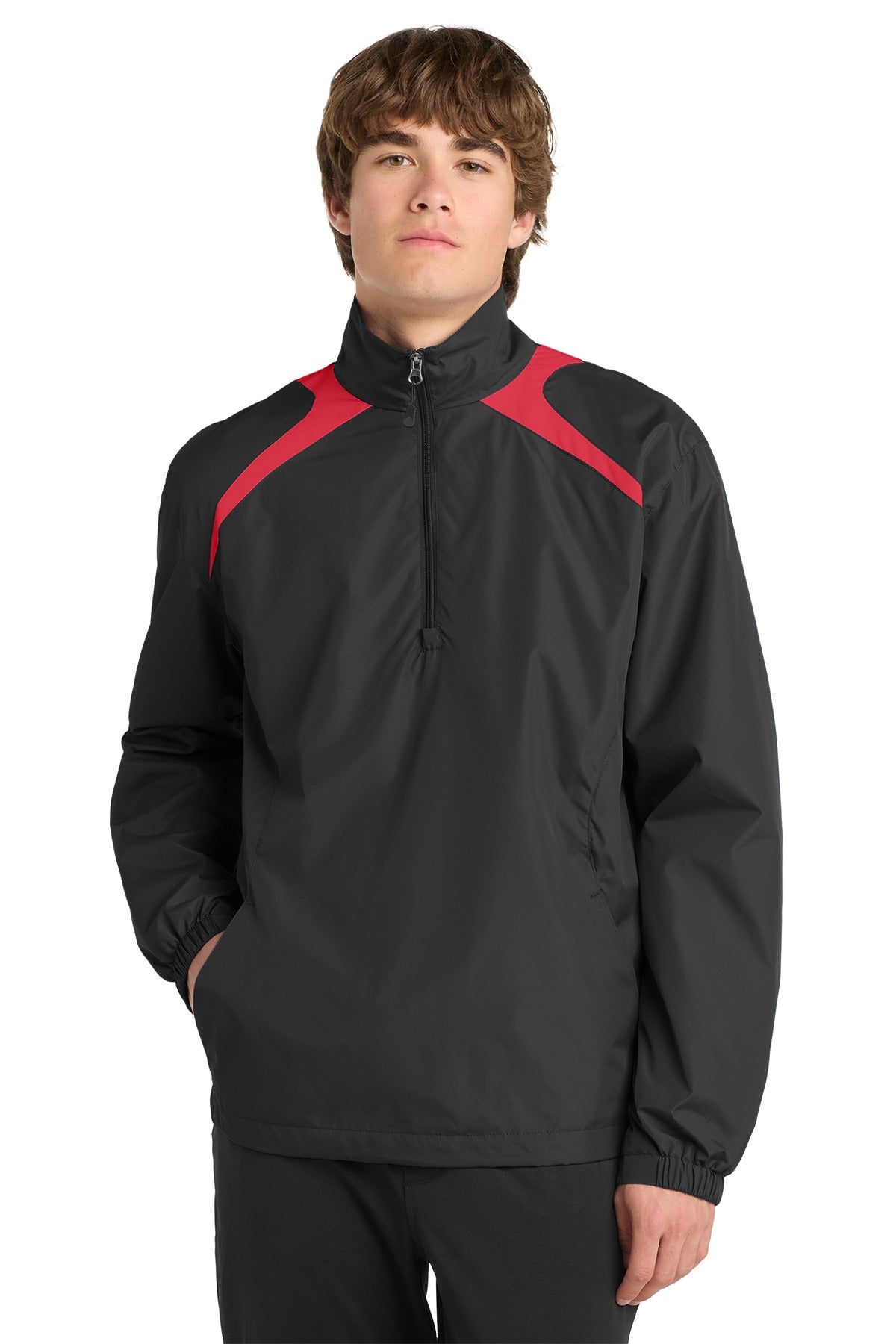 Black Square Golf 1/2-Zip Wind Shirt in Black/True Red on model, front view