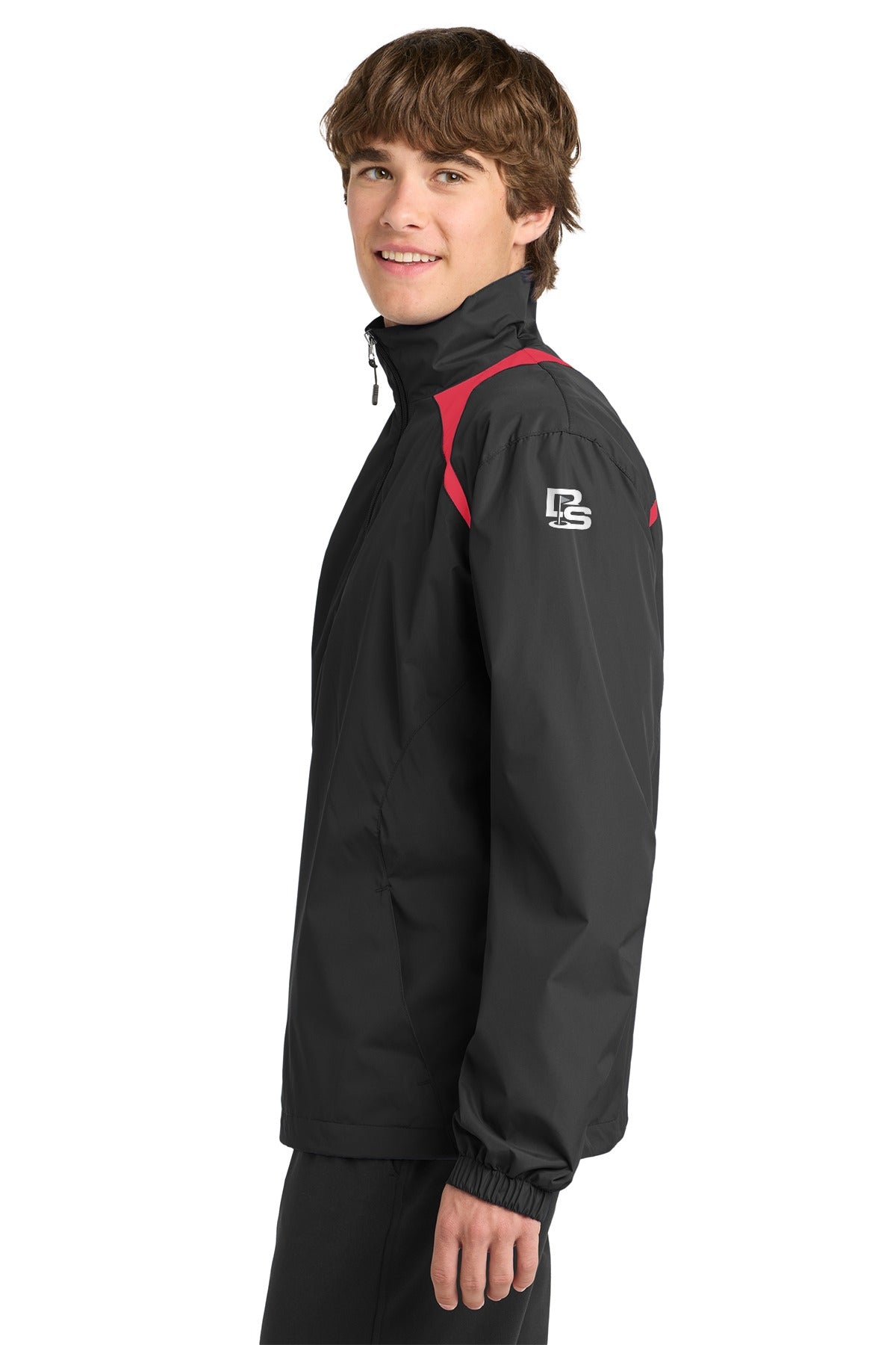 Black Square Golf 1/2-Zip Wind Shirt in Black/True Red on model, side view with the white Black Square flag logo on the upper left sleeve