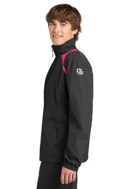 Black Square Golf 1/2-Zip Wind Shirt in Black/True Red on model, side view with the white Black Square flag logo on the upper left sleeve
