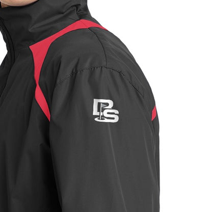 Black Square Golf 1/2-Zip Wind Shirt in Black/True Red, close-up of the Black Square flag logo printed on the upper left sleeve