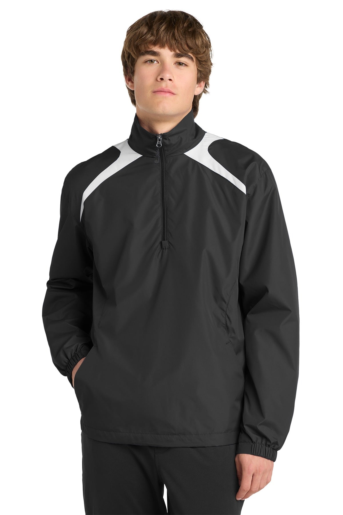 Black Square Golf 1/2-Zip Wind Shirt in Black/White on model, front view