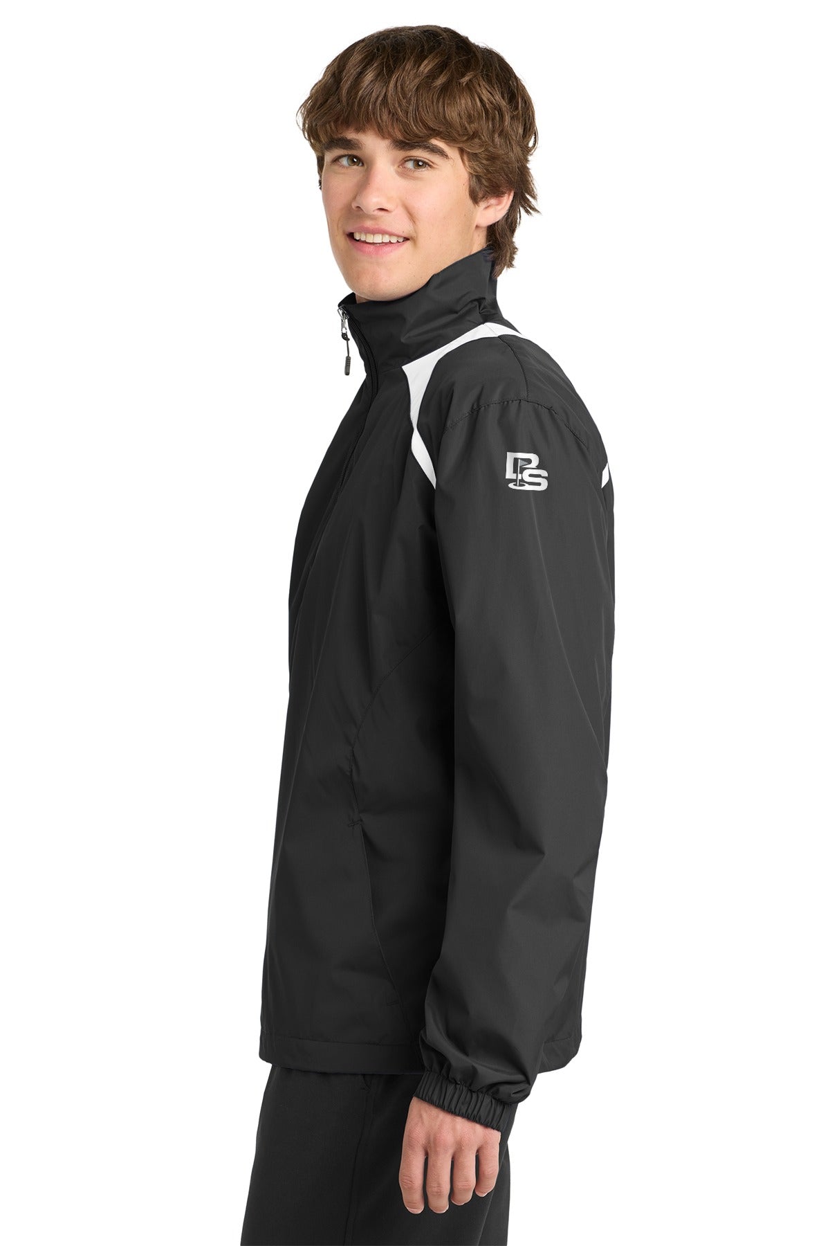 Black Square Golf 1/2-Zip Wind Shirt in Black/White on model, side view with the white Black Square flag logo on the upper left sleeve
