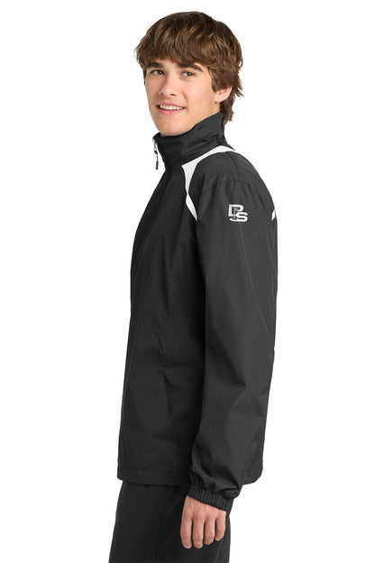 Black Square Golf 1/2-Zip Wind Shirt in Black/White on model, side view with the white Black Square flag logo on the upper left sleeve