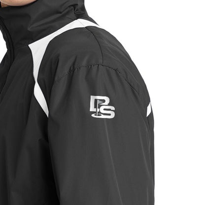 Black Square Golf 1/2-Zip Wind Shirt in Black/White, close-up of the Black Square flag logo printed on the upper left sleeve