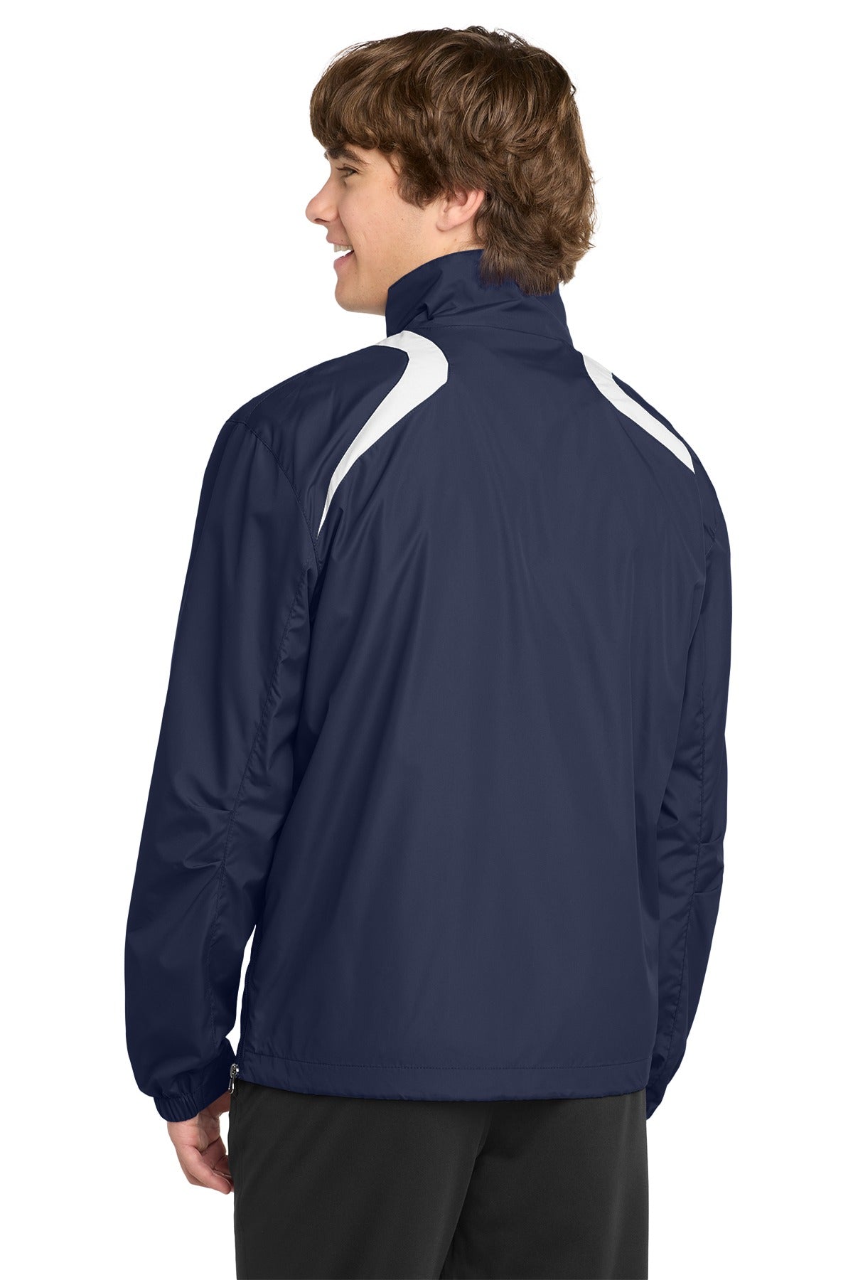 Black Square Golf 1/2-Zip Wind Shirt in True Navy/White on model, back view