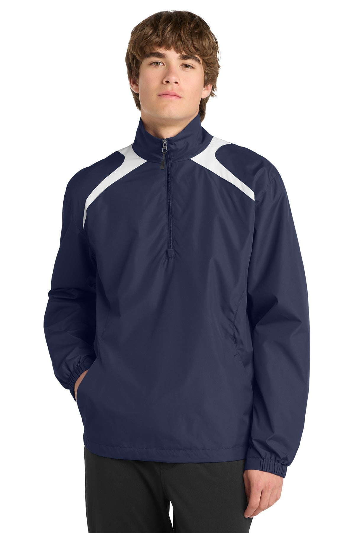 Black Square Golf 1/2-Zip Wind Shirt in True Navy/White on model, front view