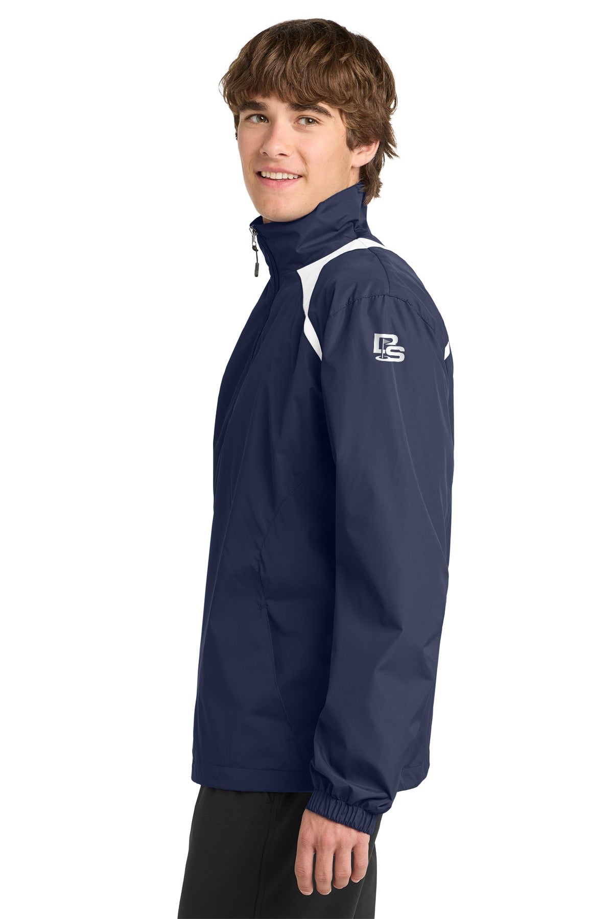 Black Square Golf 1/2-Zip Wind Shirt in True Navy/White on model, side view with the white Black Square flag logo on the upper left sleeve