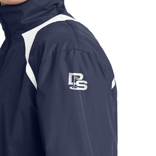 Black Square Golf 1/2-Zip Wind Shirt in True Navy/White, close-up of the Black Square flag logo printed on the upper left sleeve
