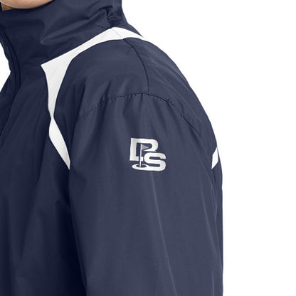 Black Square Golf 1/2-Zip Wind Shirt in True Navy/White, close-up of the Black Square flag logo printed on the upper left sleeve