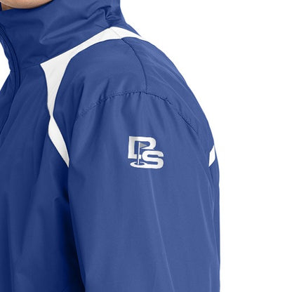 Black Square Golf 1/2-Zip Wind Shirt in True Royal/White, close-up of the Black Square flag logo printed on the upper left sleeve