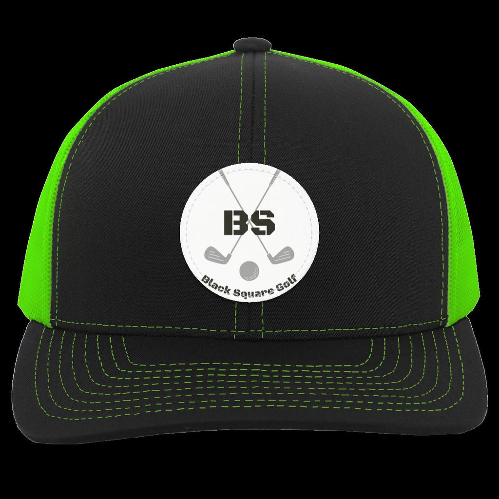Black Square Golf Trucker-Style Snap-Back Basic Training Patch Golf Hat - Black/Neon Green - Small Circle