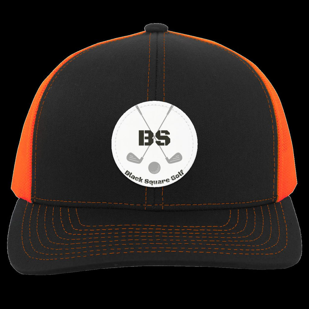 Black Square Golf Trucker-Style Snap-Back Basic Training Patch Golf Hat - Black/Neon Orange - Small Circle