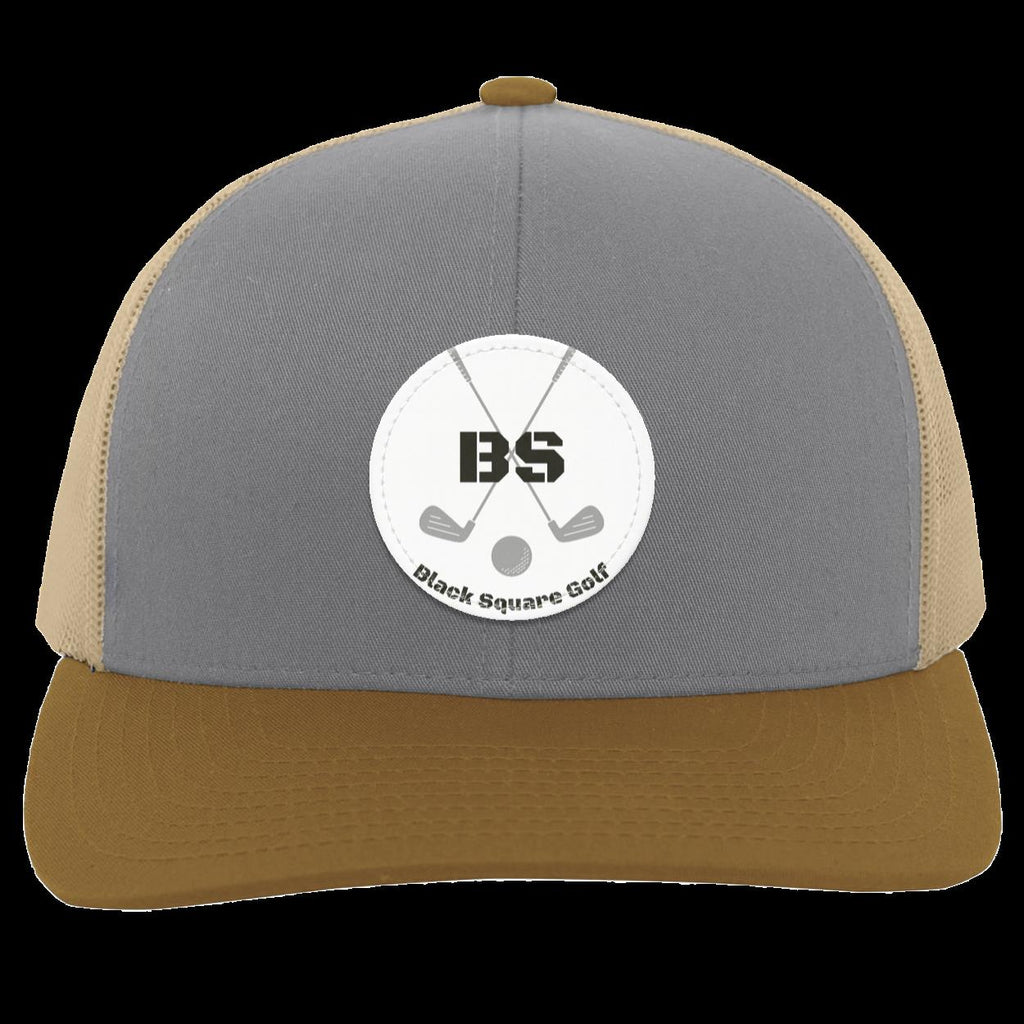 Black Square Golf Trucker-Style Snap-Back Basic Training Patch Golf Hat - Heather/Beige/Amber - Small Circle