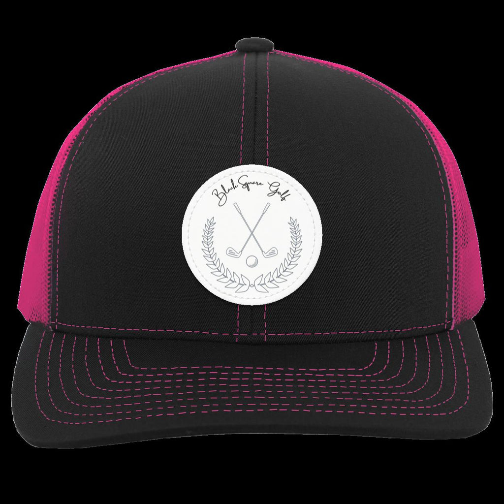 Black Square Golf Trucker-Style Snap-Back Vintage Patch Golf Hat - Black/Pink - Small Circle