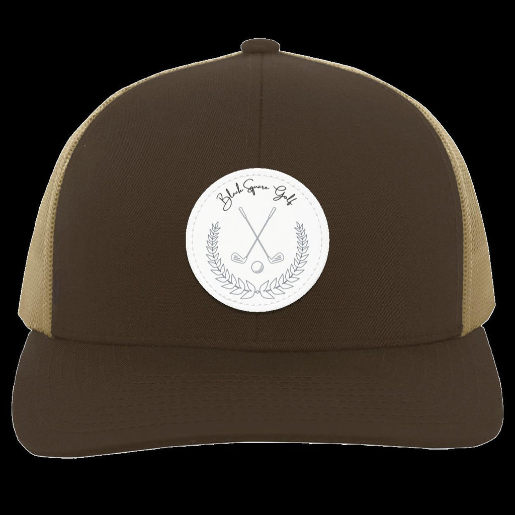 Black Square Golf Trucker-Style Snap-Back Vintage Patch Golf Hat - Brown/Khaki - Small Circle