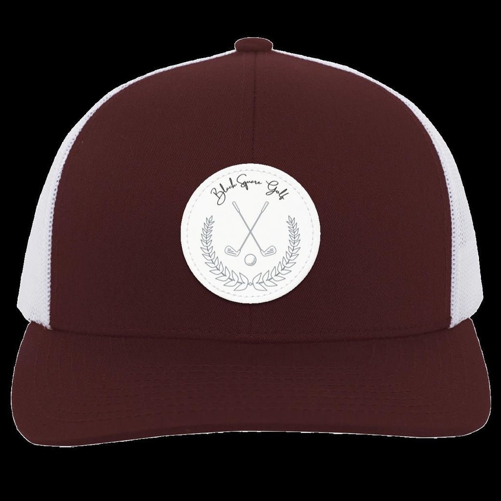 Black Square Golf Trucker-Style Snap-Back Vintage Patch Golf Hat - Maroon/White - Small Circle