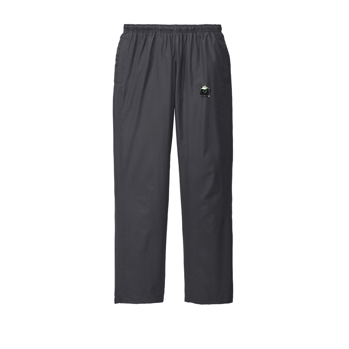 Black Square Golf Wind Pants in Graphite, front flat lay with mascot logo on the left thigh