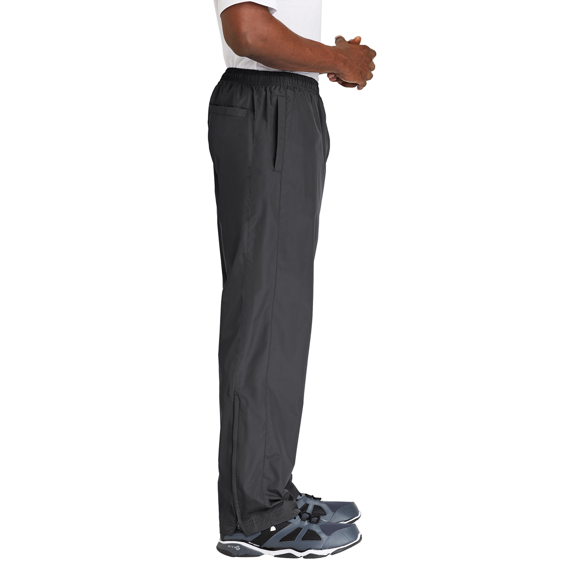 Black Square Golf Wind Pants in Graphite, side view on model