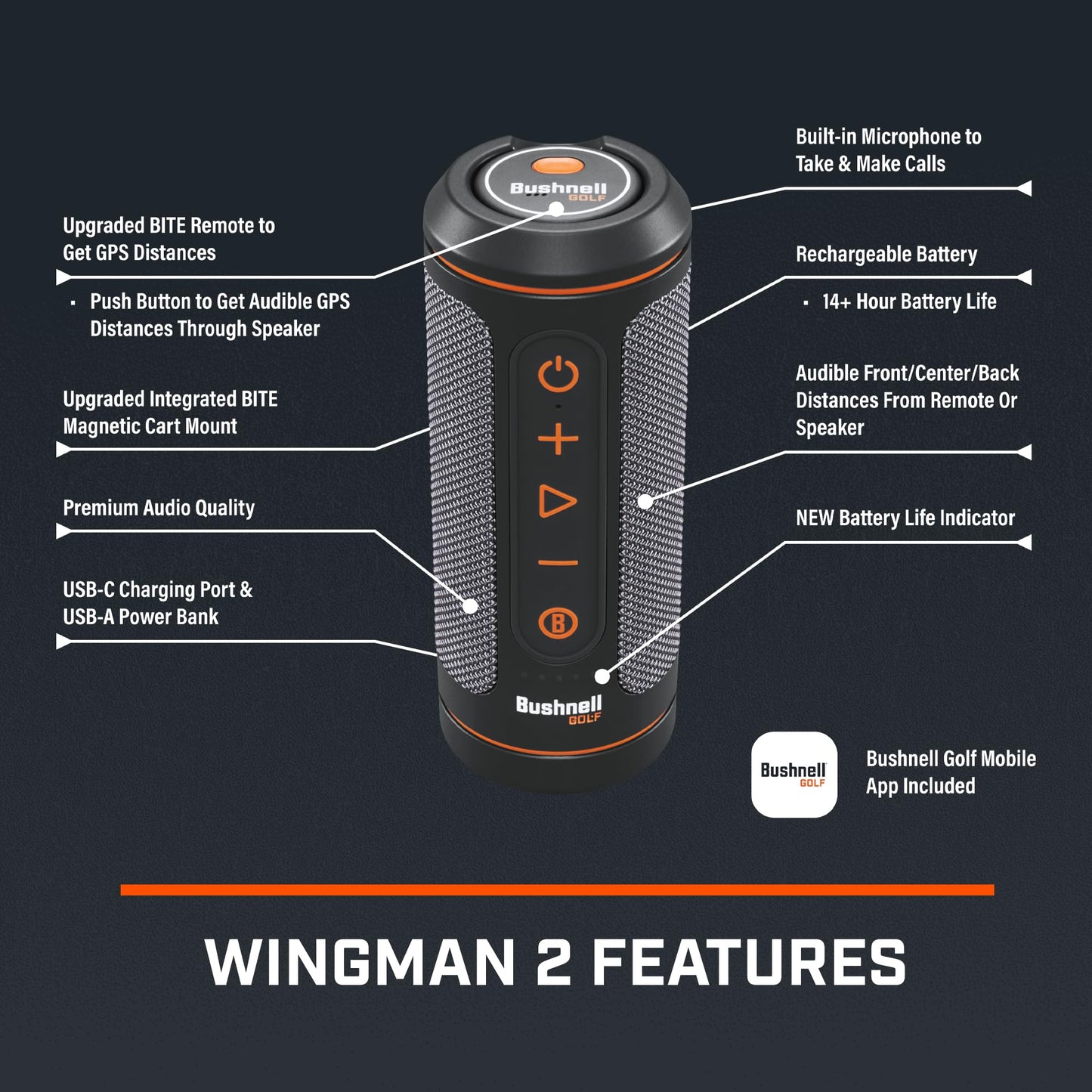 Bushnell Golf Wingman 2 Golf Speaker with Audible GPS Distances - Wingman 2 - 