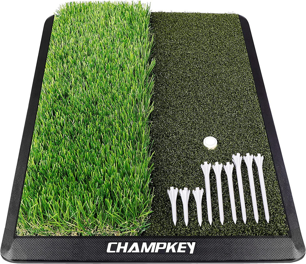 CHAMPKEY Dual-Turf Golf Hitting Mat | Come with 9 Golf Tees & 1 Rubber Tee | Heavy Duty Rubber Backing Golf Practice Mat Ideal for Indoor & Outdoor Training - Pro Version - 13" X 17"