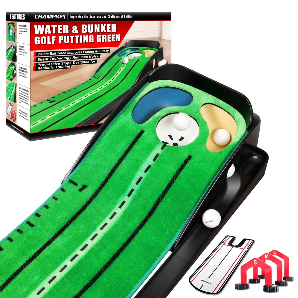 CHAMPKEY Professional Hazard Golf Putting Green Come with Golf Putting Gates and Putting Mirror - Progressive Slope Tech and Noise Reduction Tech Golf Putting Mat - Visible Ball Traces Version - 