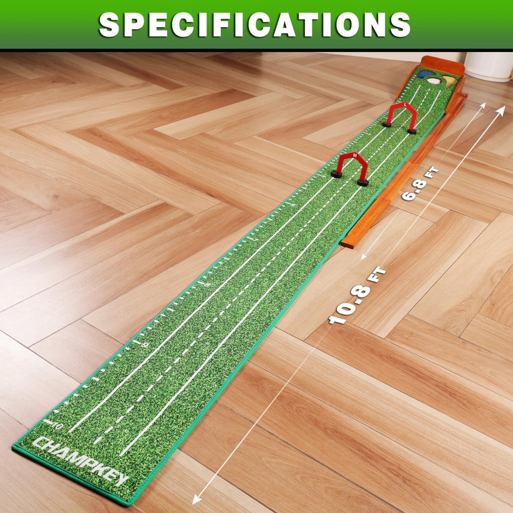 CHAMPKEY Professional Hazard Golf Putting Green Come with Golf Putting Gates and Putting Mirror - Progressive Slope Tech and Noise Reduction Tech Golf Putting Mat - Wooden Version - 