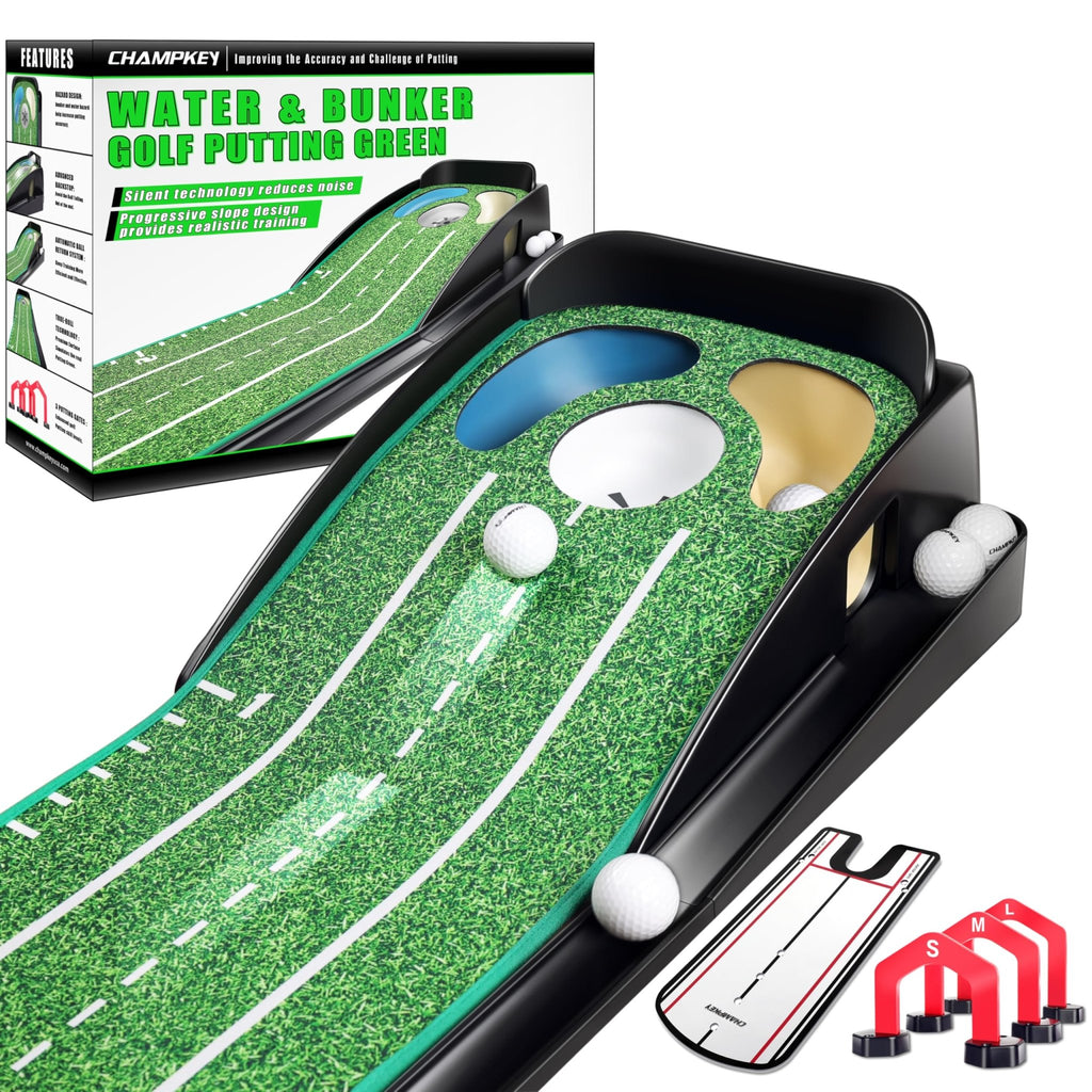 CHAMPKEY Professional Hazard Golf Putting Green Come with Golf Putting Gates and Putting Mirror - Progressive Slope Tech and Noise Reduction Tech Golf Putting Mat - LITE Version - 