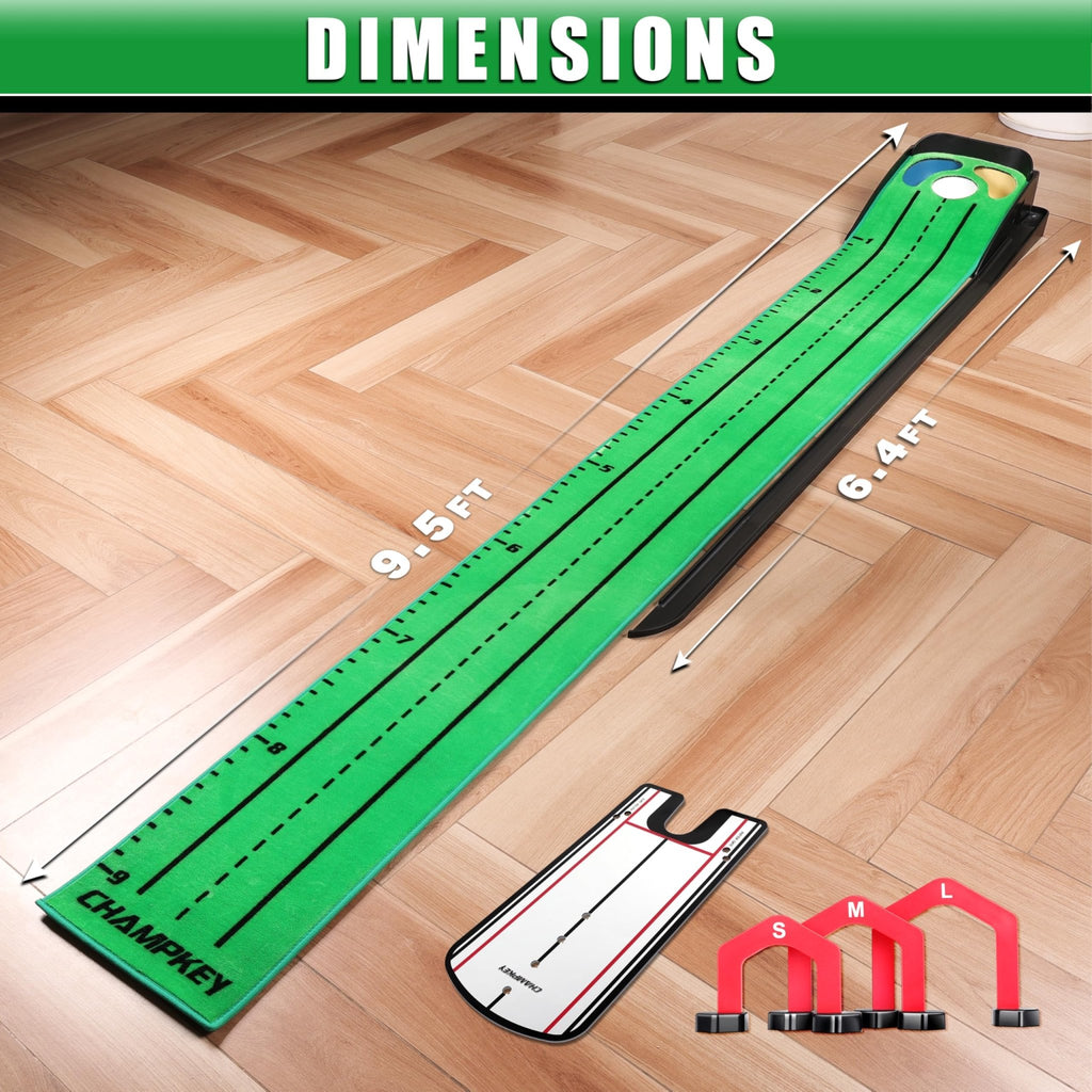 CHAMPKEY Professional Hazard Golf Putting Green Come with Golf Putting Gates and Putting Mirror - Progressive Slope Tech and Noise Reduction Tech Golf Putting Mat - Wooden Version - 