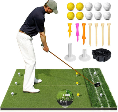 Dual Turf Golf Mat - 5 x 4 ft Hitting Mat with Alignment Lines, 9 Tees & Balls Accessories for Swing, Chipping, Putting - 
