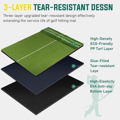 Dual Turf Golf Mat - 5 x 4 ft Hitting Mat with Alignment Lines, 9 Tees & Balls Accessories for Swing, Chipping, Putting - 