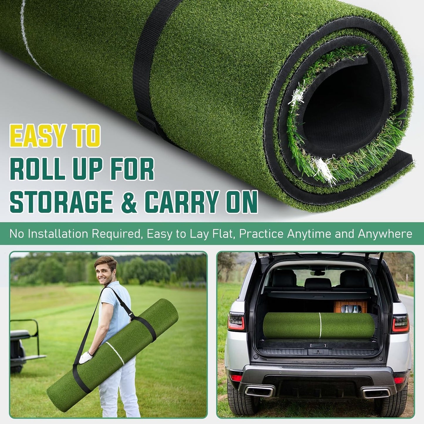 Dual Turf Golf Mat - 5 x 4 ft Hitting Mat with Alignment Lines, 9 Tees & Balls Accessories for Swing, Chipping, Putting - 