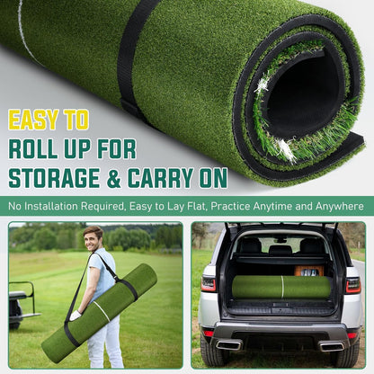 Dual Turf Golf Mat - 5 x 4 ft Hitting Mat with Alignment Lines, 9 Tees & Balls Accessories for Swing, Chipping, Putting - 