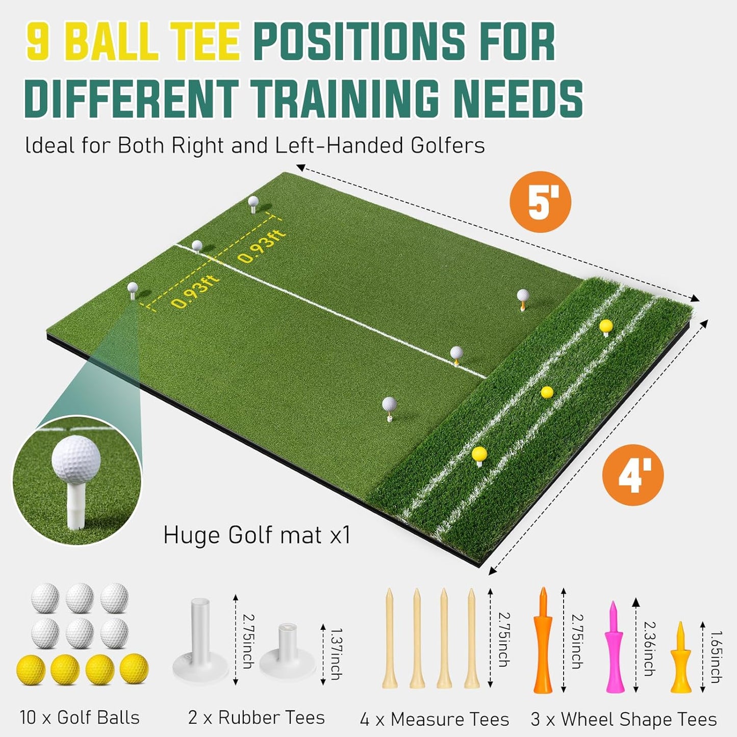Dual Turf Golf Mat - 5 x 4 ft Hitting Mat with Alignment Lines, 9 Tees & Balls Accessories for Swing, Chipping, Putting - 