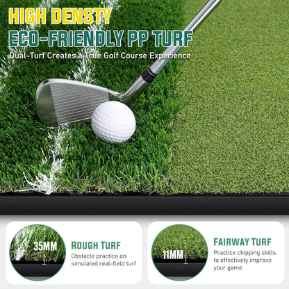 Dual Turf Golf Mat - 5 x 4 ft Hitting Mat with Alignment Lines, 9 Tees & Balls Accessories for Swing, Chipping, Putting - 