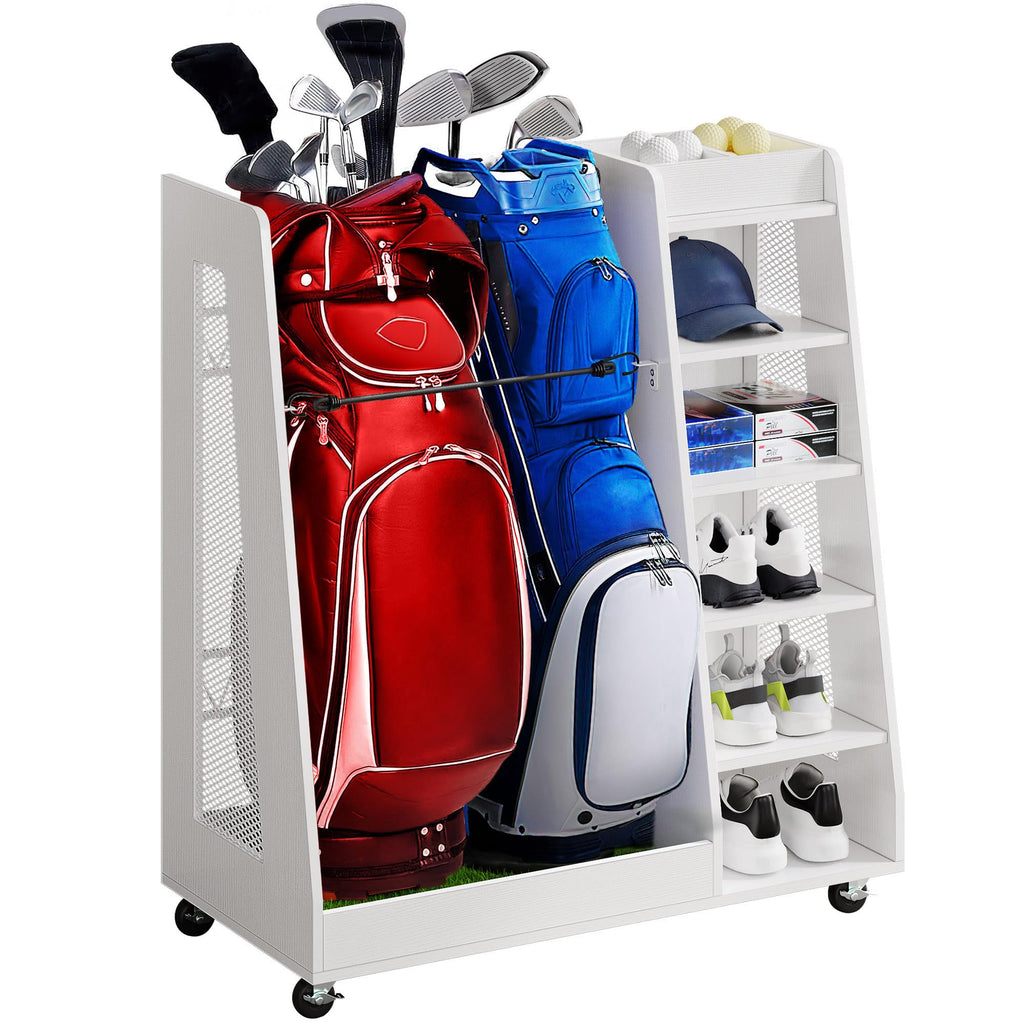 DWVO Golf Bag Organizer for Garage, Wooden Golf Bag Stand Holder with Wheels - White - 2 Bags