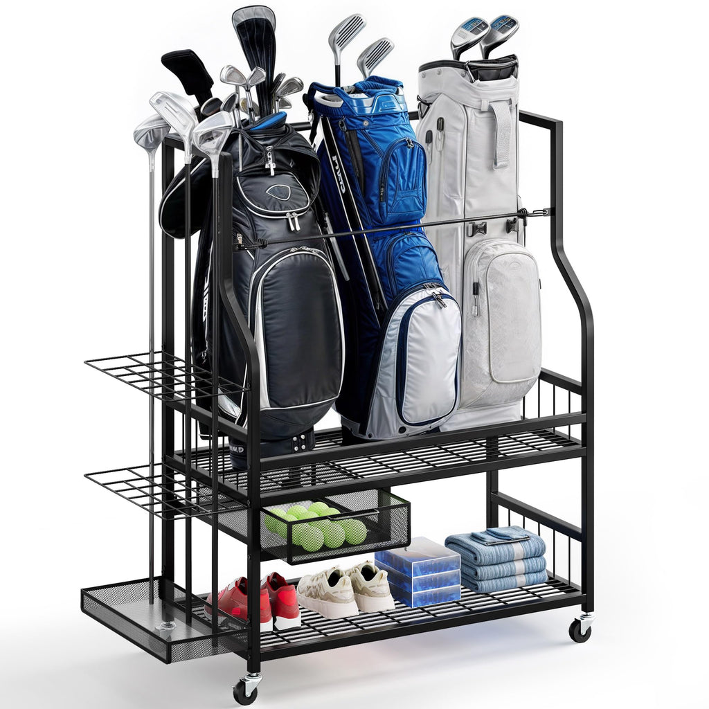 DWVO Golf Bag Organizer for Garage - 3 Bags w/1 Drawer - 