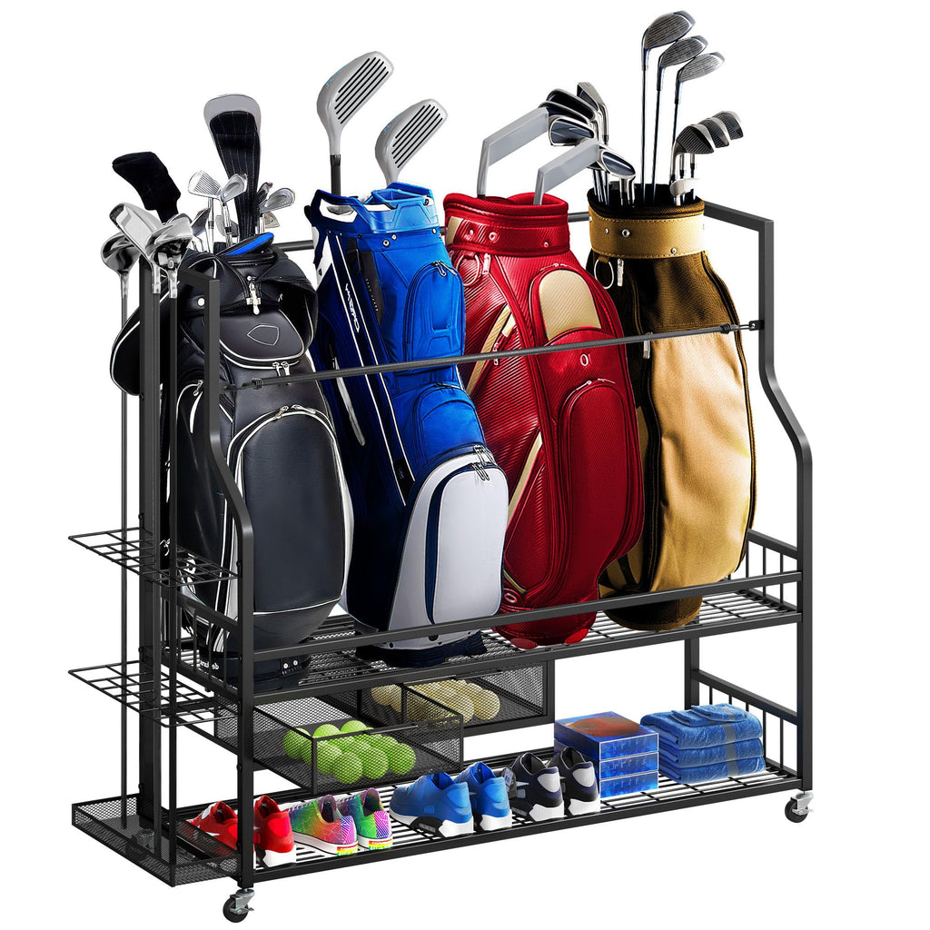 DWVO Golf Bag Organizer for Garage - 4 Bags w/2 Drawers - 