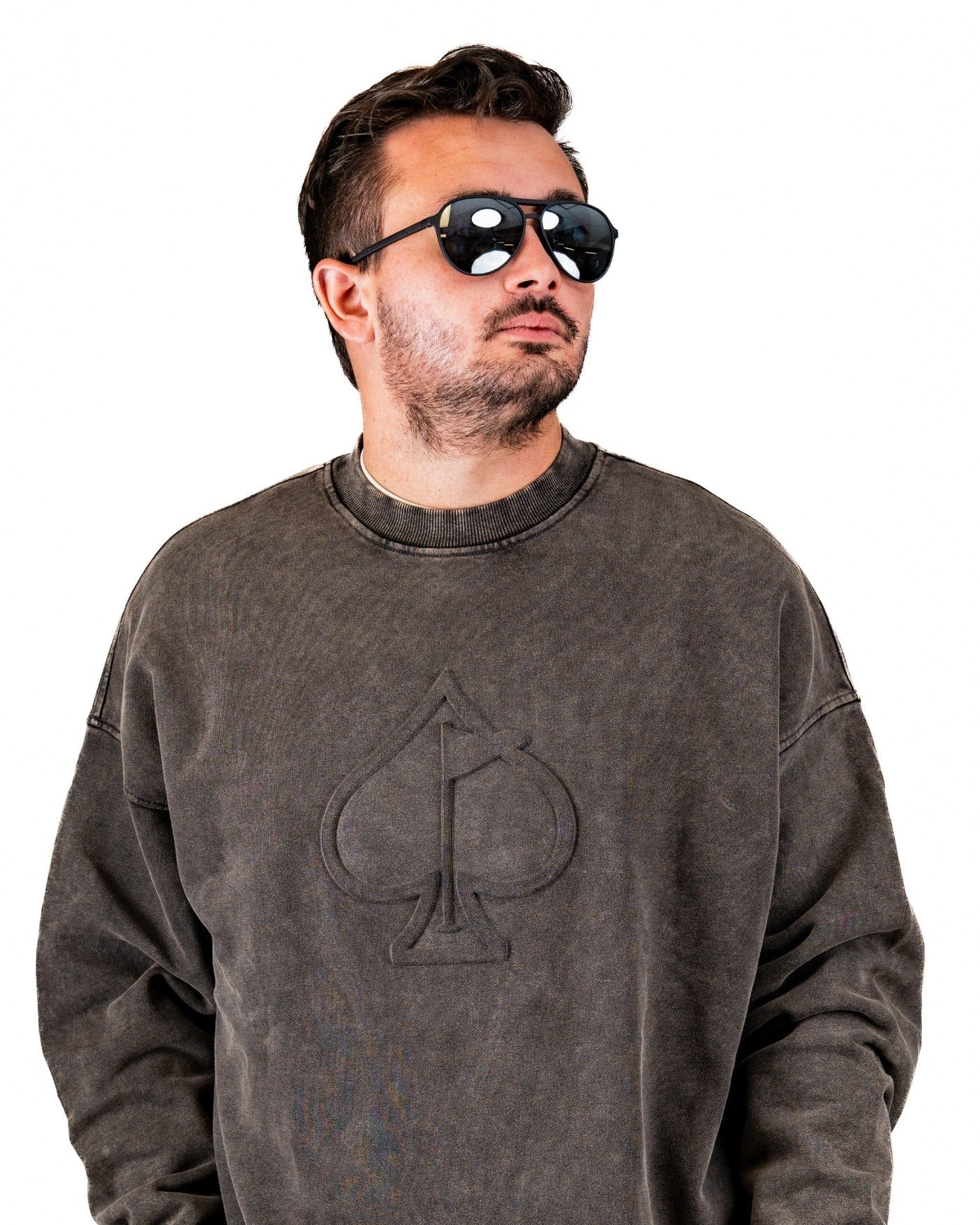 Embossed Spade Crewneck - Washed Iron - Pins and Aces