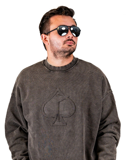 Embossed Spade Crewneck - Washed Iron - Pins and Aces