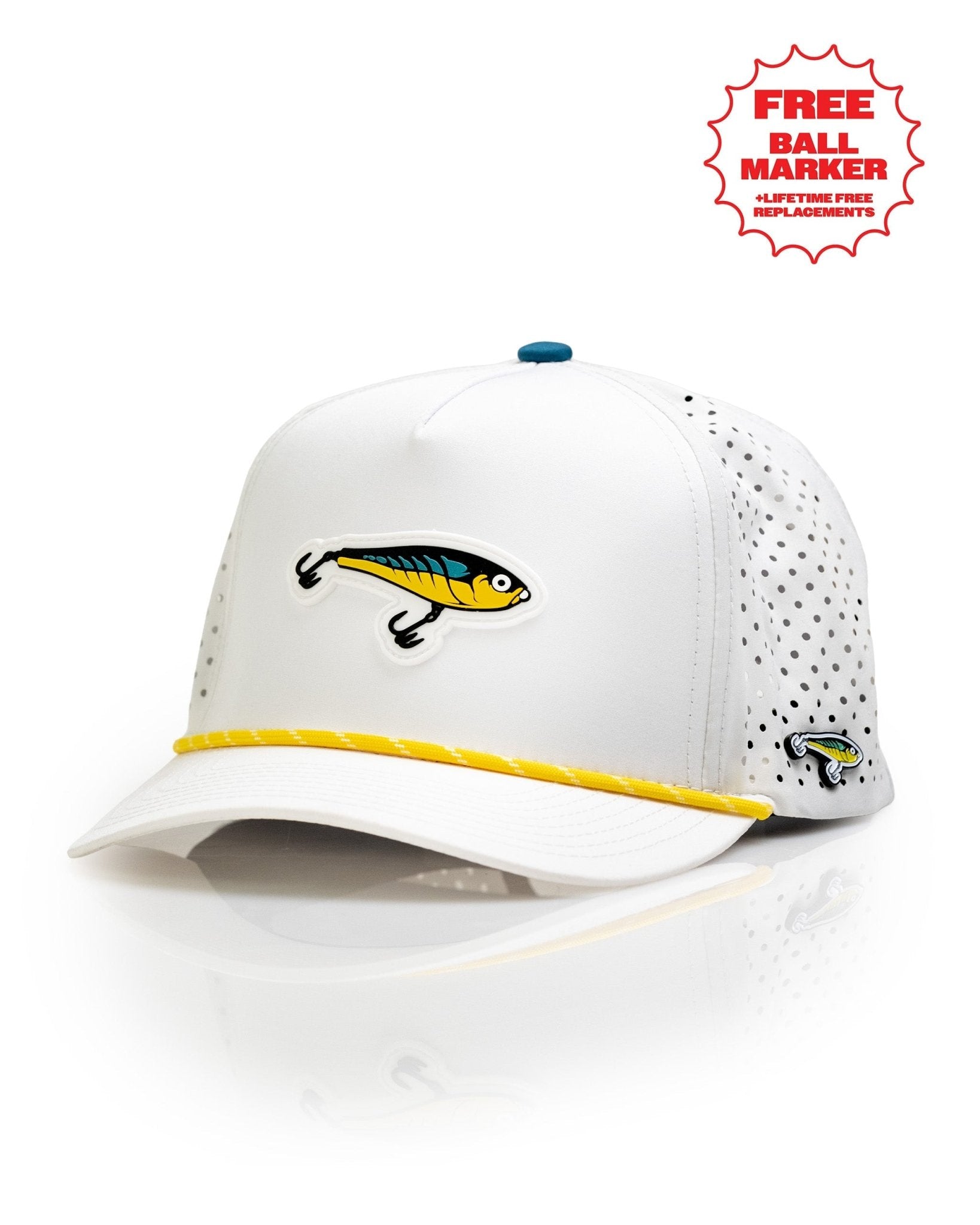 Fishing Lure White - Perforated Rope Hat - Pins and Aces