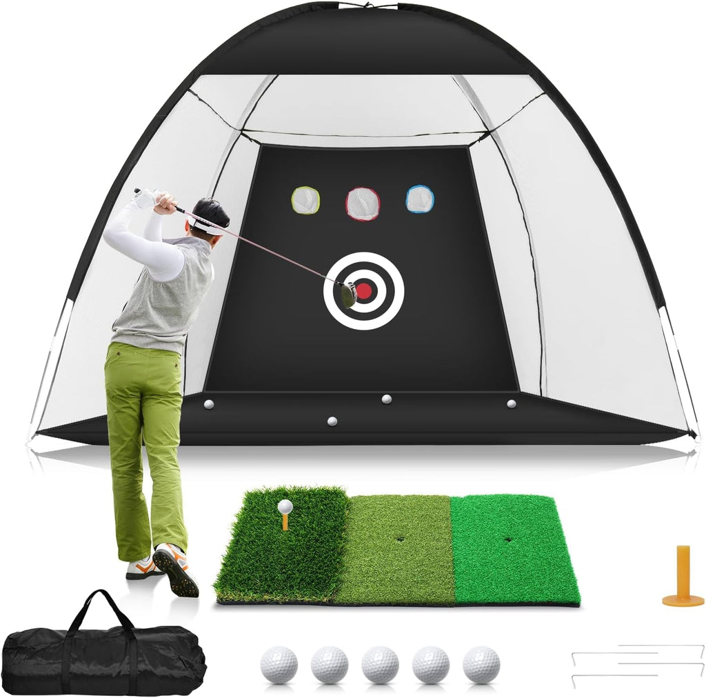 Golf Net, 10X7Ft Golf Practice Net with Tri-Turf Golf Mat - -